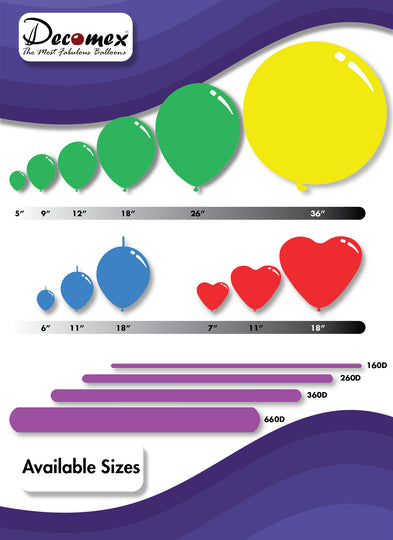 Available Sizes of Decomex Balloons