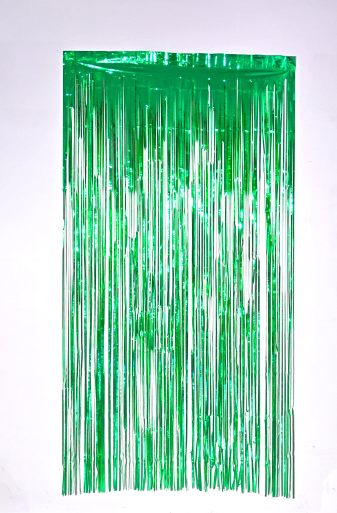 Fringe Tinsel Curtain Backdrop in the Color of Green. Made by Mylargram.