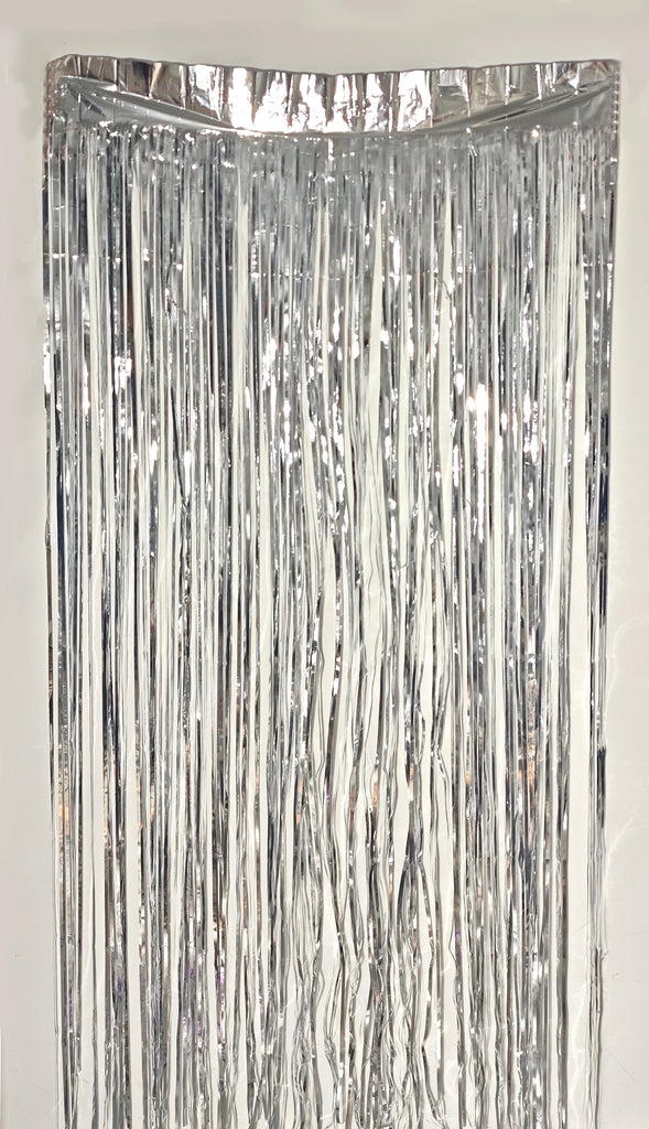 Fringe Tinsel Curtain Backdrop in the Color of Silver. Made by Mylargram.