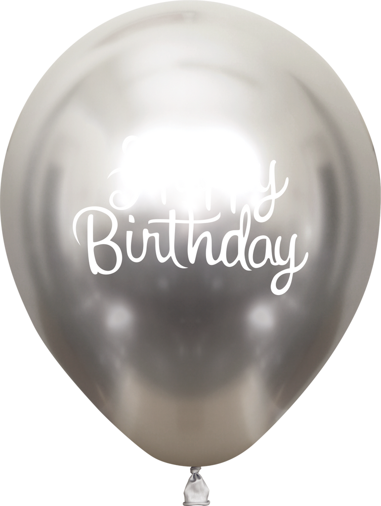 12" Mirror Happy Birthday Silver Latex Balloons (25 Per Bag) 2 Side Print