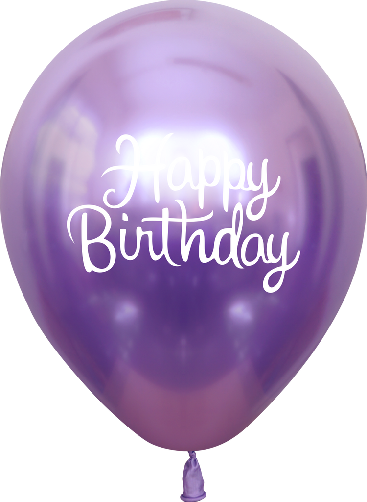12" Mirror Happy Birthday Violet Latex Balloons (25 Per Bag) 2 Side Print