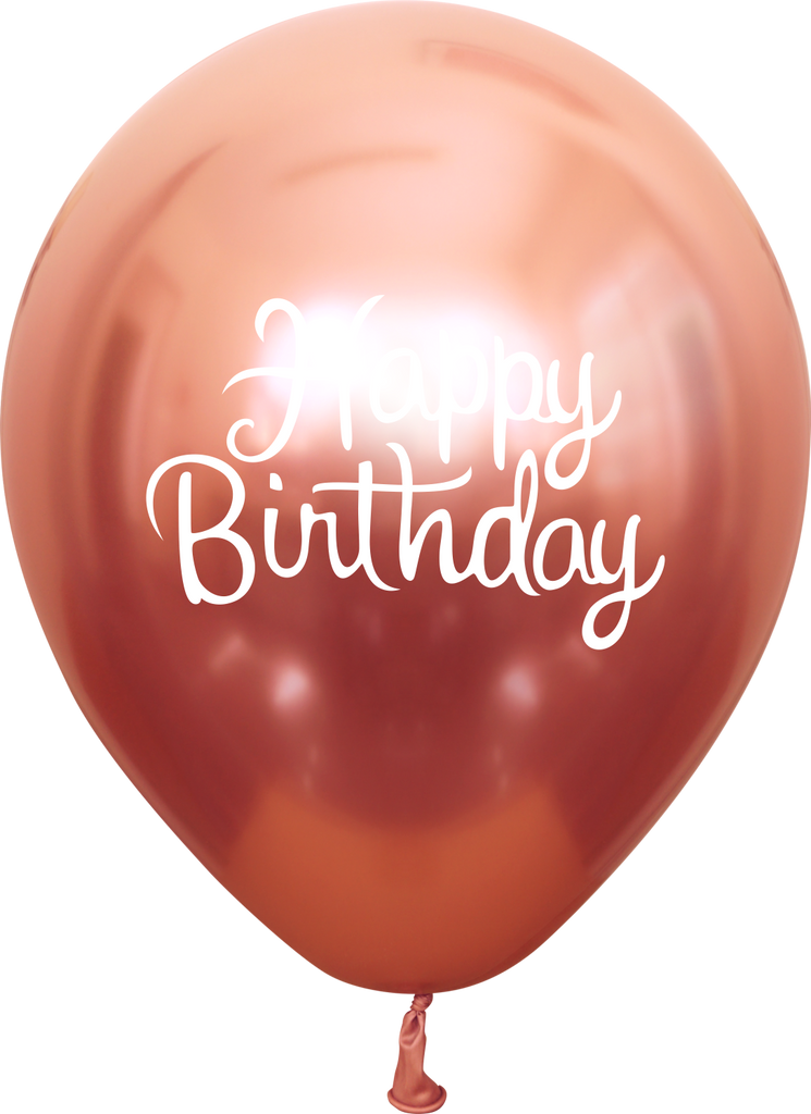 12" Mirror Happy Birthday Rose Gold Latex Balloons (25 Per Bag) 2 Side Print