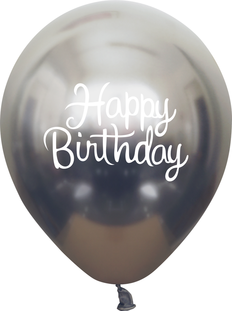 12" Mirror Happy Birthday Space Grey Latex Balloons (25 Per Bag) 2 Side Print