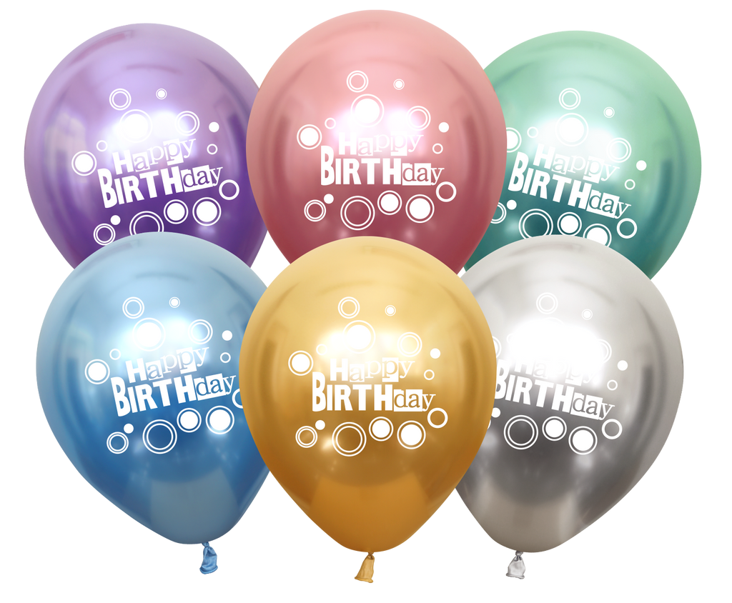 12" Mirror Happy Birthday Assorted Latex Balloons (25 Per Bag) 2 Side Print