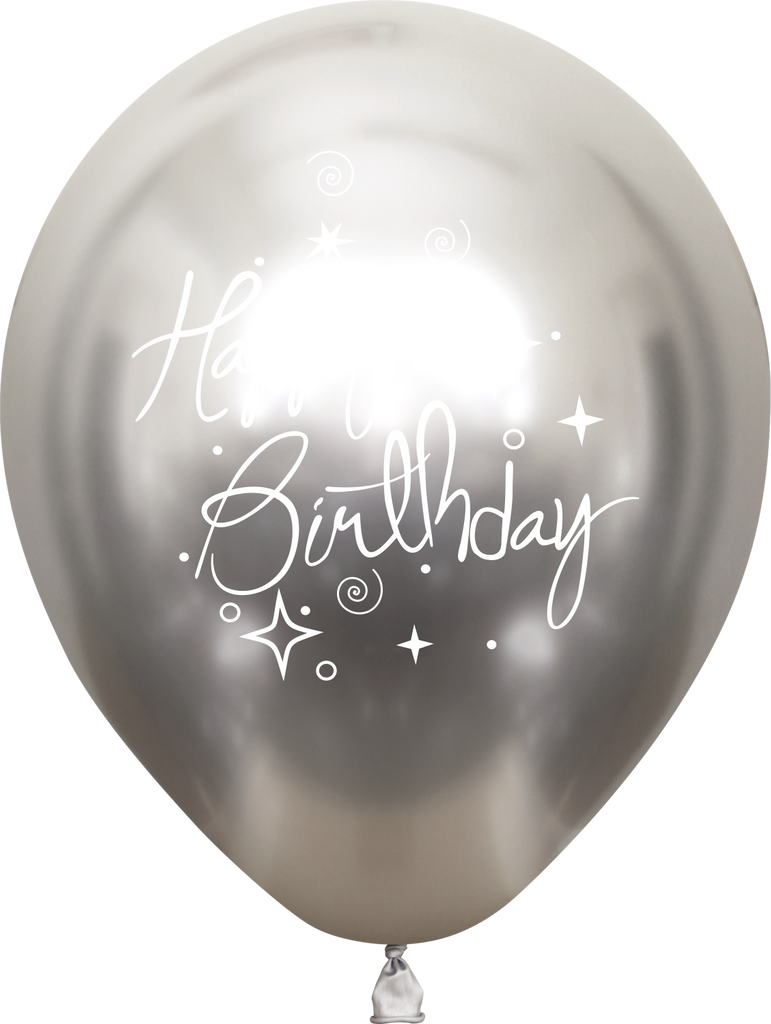 12" Mirror Happy Birthday Silver Latex Balloons (25 Per Bag) 2 Side Print