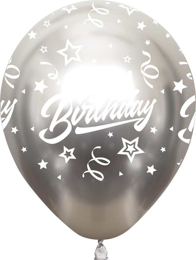 12" Mirror Happy Birthday All Around Silver Latex Balloons (25 Per Bag) 5 Side Print