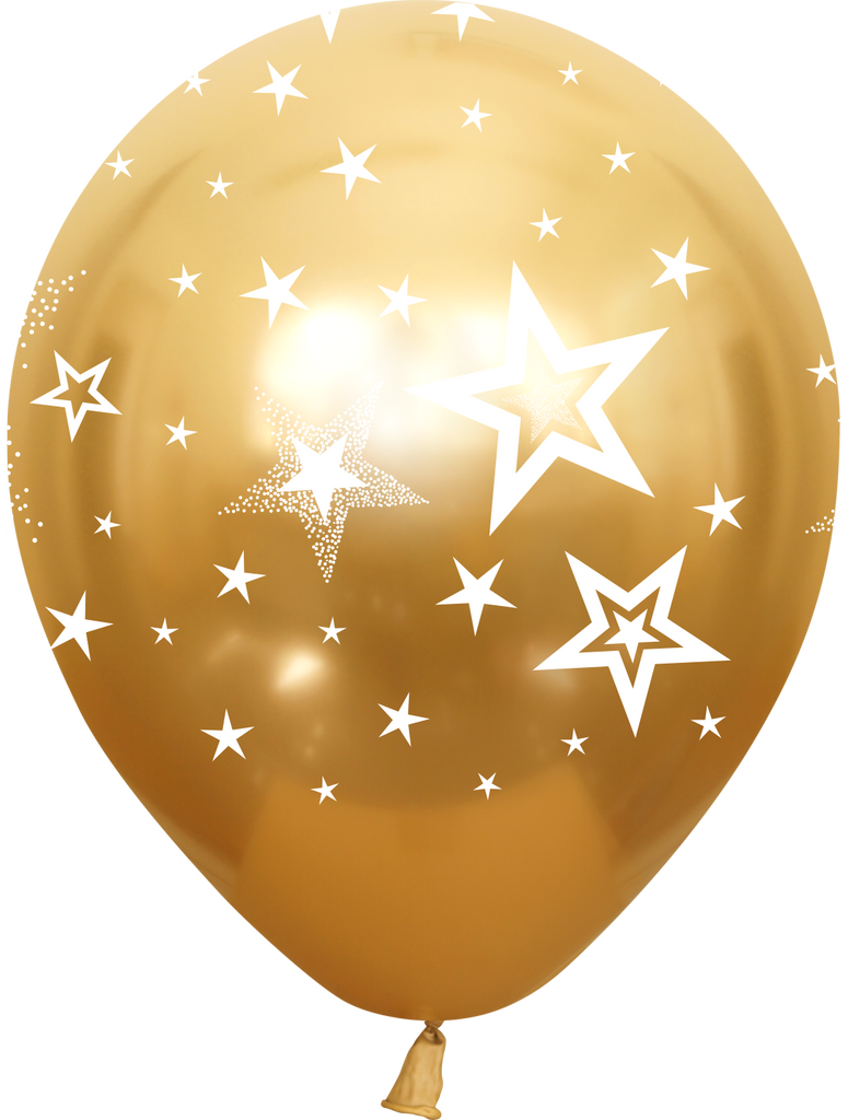 12" Mirror Stars All Around Gold Latex Balloons (25 Per Bag) 5 Side Print