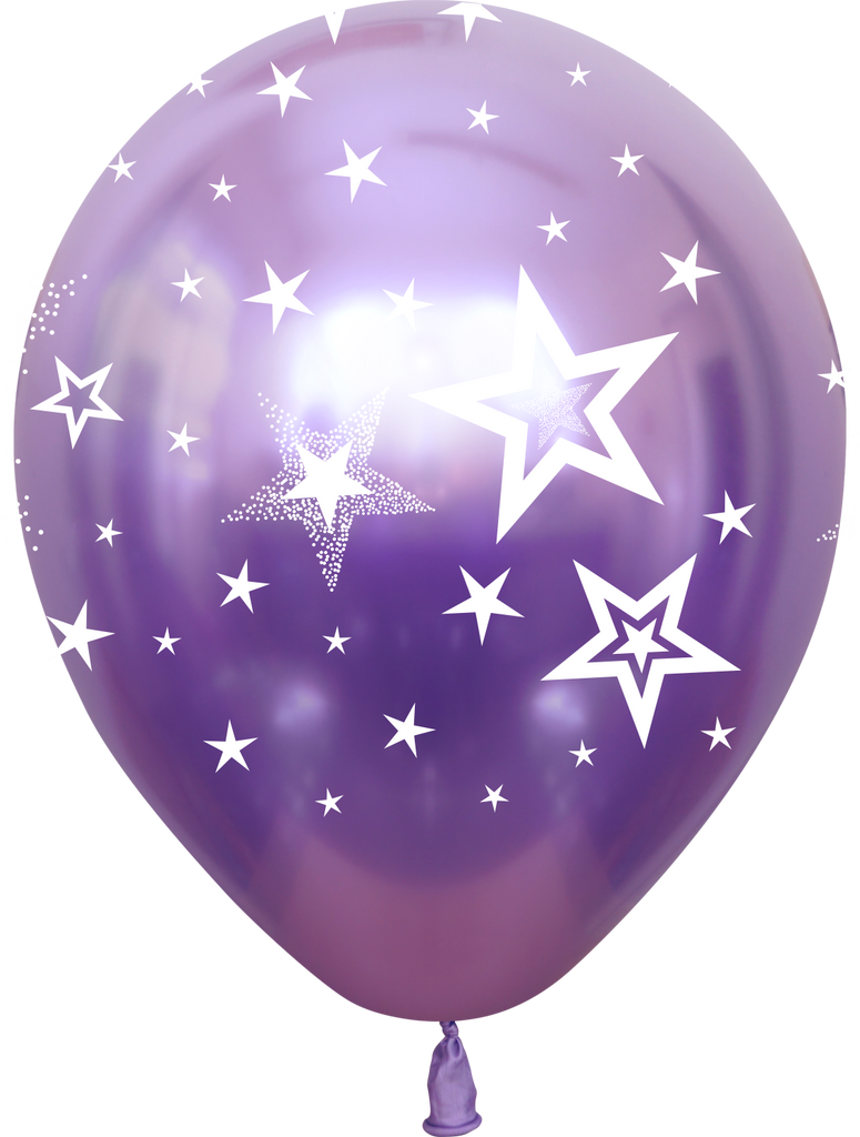 12" Mirror Stars All Around Violet Latex Balloons (25 Per Bag) 5 Side Print