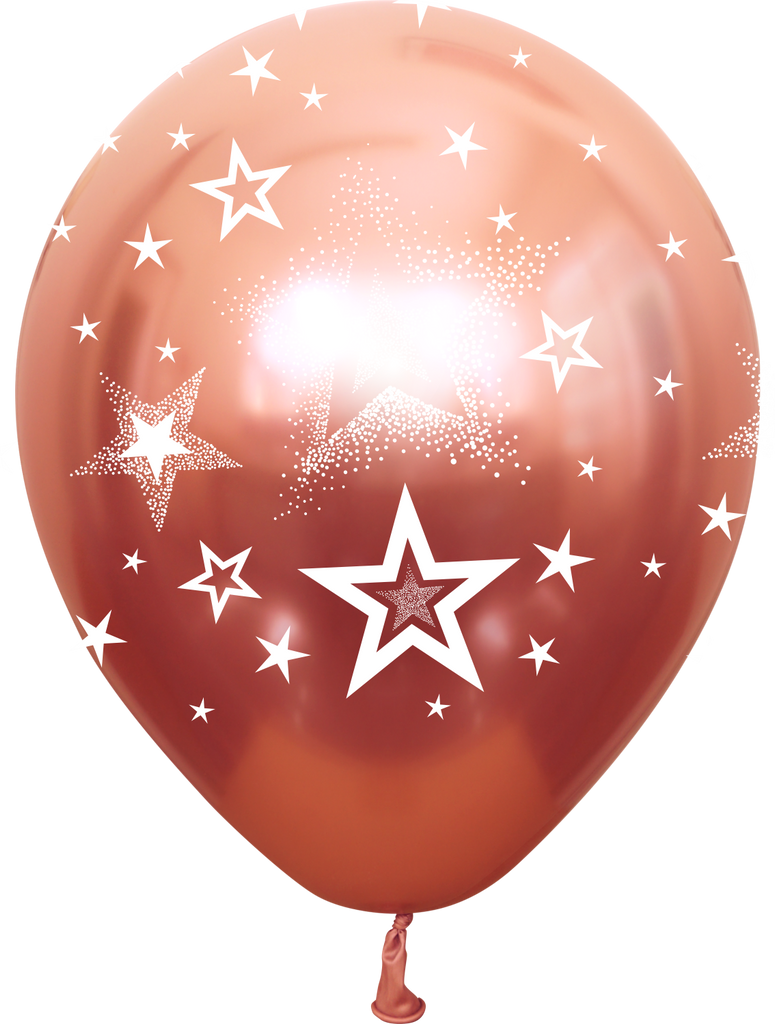 12" Mirror Stars All Around Rose Gold Latex Balloons (25 Per Bag) 5 Side Print
