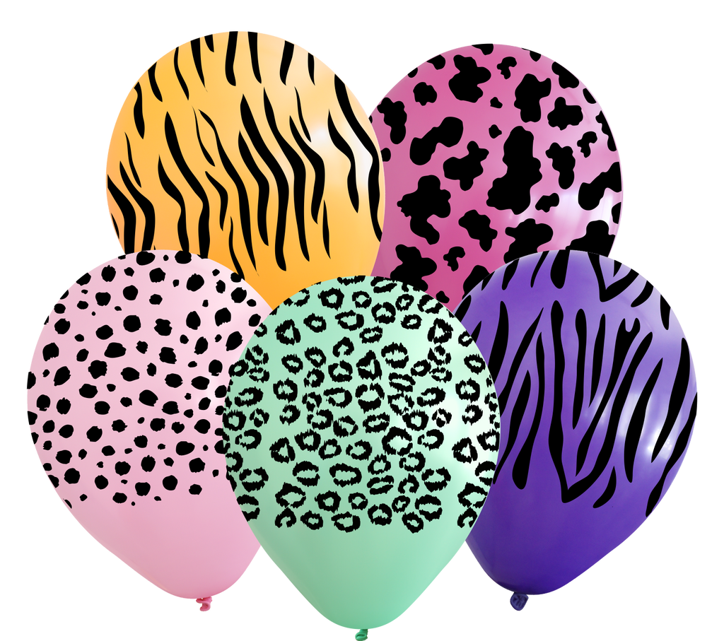 12" Assorted Safari All Around Latex Balloons (25 Per Bag) 5 Side Print