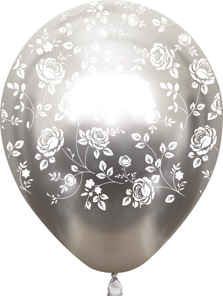 12" Mirror Silver Damask Flower All Around Latex Balloons (25 Per Bag) 5 Side Print