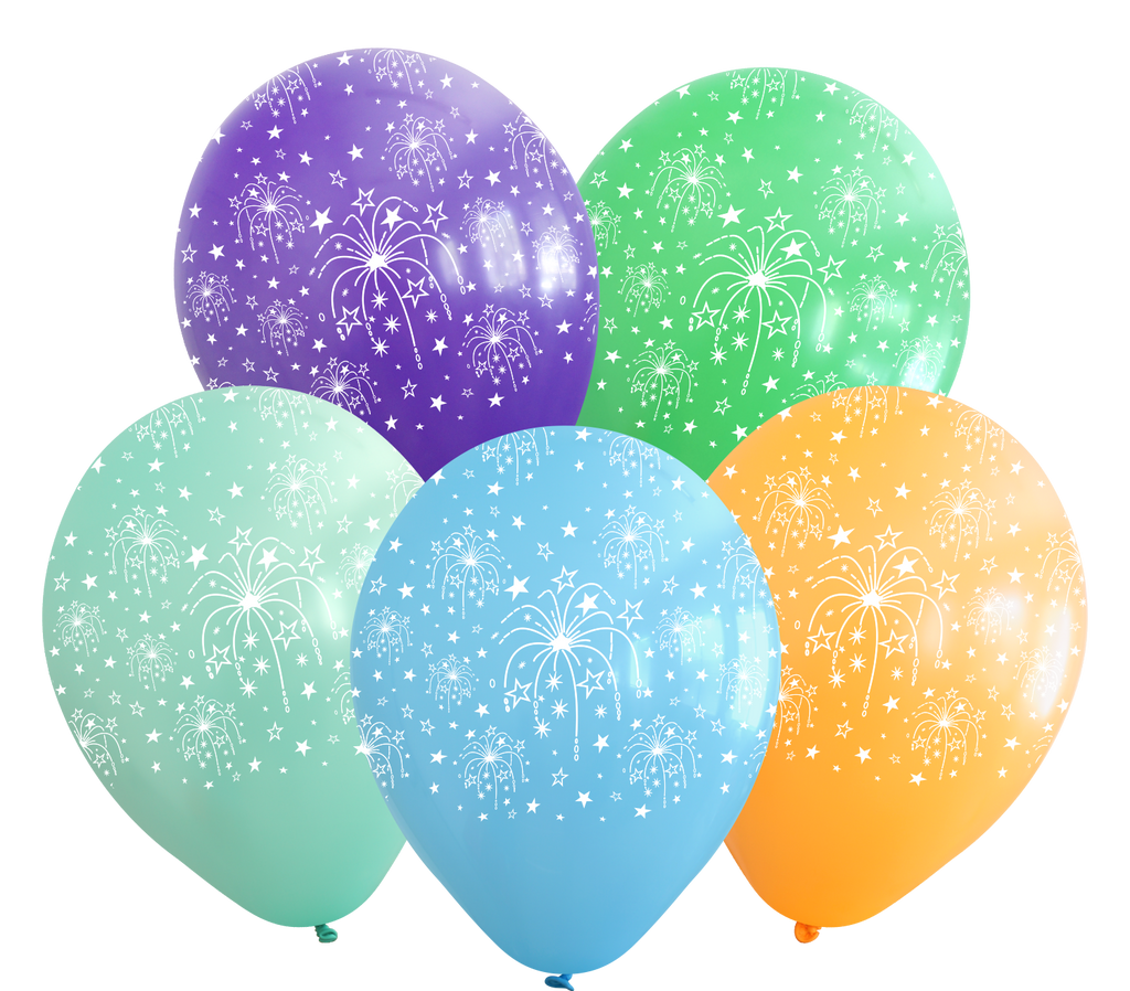 12" Assorted Fireworks All Around Latex Balloons (25 Per Bag) 5 Side Print
