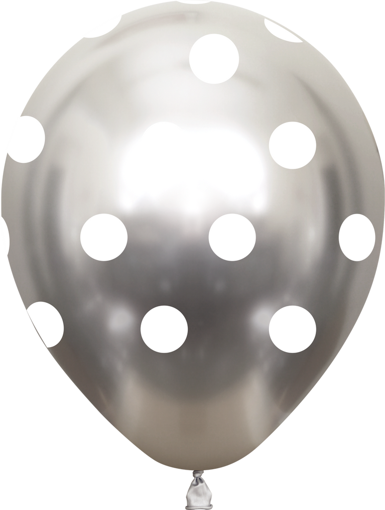 12" Metallic Silver Polka Dots All Around Latex Balloons (25 Per Bag) 5 Side Print