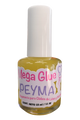 A bottle of PEYMA Mega Glue nail adhesive with a white cap and a white label featuring pink and purple text, containing yellow liquid, isolated on a white background.