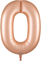 A 34″ Number 0 Satin Pastel Rose Quartz Oaktree Foil Balloon by Oaktree, fully inflated in the shape of a zero, with a small knot at the bottom.