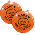 Two orange 35″ Halloween Orange Neck Up 2 Sided (1 Per Bag) Cattex Brand Printed Latex Balloons, each with a black pumpkin face and the text Happy Halloween.
