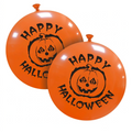 Two 35″ Halloween Orange Neck Up 2 Sided (1 Per Bag) Cattex Brand Printed Latex Balloons, each featuring a black jack-o-lantern and the words Happy Halloween.