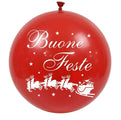 Red 35″ Happy Holidays Neck Up 2 Sided (1 Per Bag) Cattex Brand Printed Latex Balloons featuring white Buone Feste text, Santa in a sleigh pulled by reindeer, and small stars.
