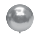 A perfectly round, shiny 36" silvery chrome-like latex balloon by Tuftex floats against a light gray background, its tied end visible at the bottom center. Comes in a bag of 2 (Tuftex Effects).