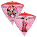 The 16" Minnie Mouse UltraShape Diamondz Balloon by Anagram/MD features Minnie in a red polka dot dress and bow, with fun designs of her holding a cupcake and balancing teacups on white polka dot backgrounds.