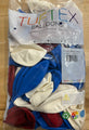 A 50-count bag of 17" Tuftex Latex Balloons in Red, White, and Blue Patriotic Assorted colors, with premium labeling and safety info on the clear packaging.