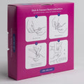 A pink Qualatex Balloon Bond Two Sided Adhesive 90Ft box displays four illustrated steps with text on a crisp white back panel, resembling balloon adhesive guides. The box is set against a plain, light background.