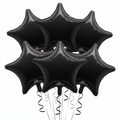 Six 18" black star-shaped Anagram brand balloons with curling black ribbons are grouped together against a white background.