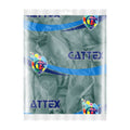 A sealed package of 18″ Cattex Brand Premium Vintage Blue Latex Balloons (25 per bag), featuring the Cattex logo with colorful hearts and a blue wavy design on the transparent packaging.