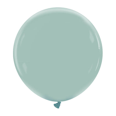 A fully inflated, large, round 24″ Cattex Brand Premium Vintage Blue Latex Balloon is floating against a plain white background.