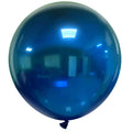 A 36″ Cattex Brand Crystal Blue Latex Balloon with a shiny, reflective surface showcasing blurred reflections of windows, lights, and a room interior, displayed against a plain white background.