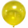 A fully inflated 36″ Cattex Brand Crystal Yellow Latex Balloon, tied at the bottom and reflecting light, is displayed in a plain white setting.