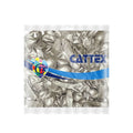 Un envase de plástico transparente que contiene 100 globos de látex sin inflar de la marca Cattex, modelo «Titanium» (cromo/espejo) «Royal Pearl», de 5″, en el que aparece el nombre «Cattex» en letras azules junto a un logotipo de un corazón de colores en el lado izquierdo del envase.