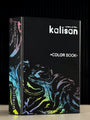 The 2026 Kalisan Latex Balloons Black Color Book Portfolio by Kalisan stands upright, with a black cover featuring abstract swirls in blue, purple, and yellow, set against a dark background.