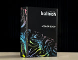 A black 2026 Kalisan Latex Balloons Color Book Portfolio by Kalisan stands upright on a white surface, featuring colorful marbled patterns on its cover and spine against a dark background.