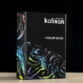 A black 2026 Kalisan Latex Balloons Black Color Book Portfolio by Kalisan stands upright on a white surface, featuring colorful, swirling abstract patterns along the spine and lower front cover.