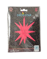 A package displays the Decochamp logo and a QR code on a patterned black background, containing one 22" Airfill Only Neon Red Deco Starburst balloon with pointed spikes.