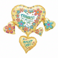 The Anagram/MD 33" Thanks Job Well Done Cluster Balloon is gold, heart-shaped, decorated with colorful flowers, and features the messages "THANKS! FOR A JOB WELL DONE" and "GREAT JOB!" in green and blue letters.