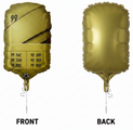 Le 23″ Personalisable Soccer/Football Card Foil Balloon by Europe est un ballon rectangulaire doré avec un texte stylisé et des statistiques de football - y compris le numéro 99 - sur le devant. L'arrière est doré. Des rubans blancs sont attachés des deux côtés.