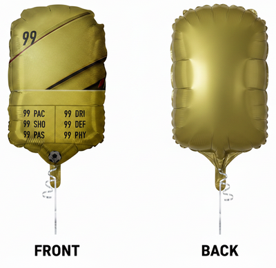 Le 23″ Personalisable Soccer/Football Card Foil Balloon by Europe est un ballon rectangulaire doré avec un texte stylisé et des statistiques de football - y compris le numéro 99 - sur le devant. L'arrière est doré. Des rubans blancs sont attachés des deux côtés.
