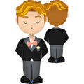 The Europe 53" Special Delivery (2 Inflation Point) The Groom Foil Balloon features a groom in a black tux with pink bow tie and boutonniere, light brown hair, closed eyes, shown from front and back.