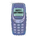 Celebrate with the Europe 23" 00's Happy Birthday Phone Foil Balloon, shaped like a purple and blue mobile with pixelated HAPPY BIRTHDAY text and sparkles—perfect for retro-themed birthday decorations.