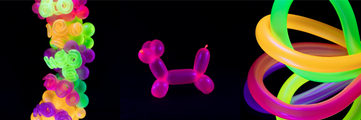 Gemar 260G Neon Assorted Latex Modelling Balloons (50 per bag): curly balloons on the left, a pink balloon dog in the center, and interlocked neon rings on the right, all shown against a black background.