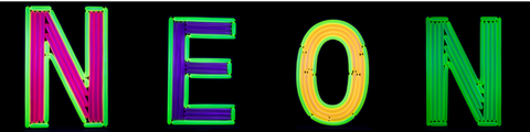 The word NEON is formed using Gemar Neon Pink Latex Twisting Balloons (260G, 50 per bag), creating vibrant letters against a black background.