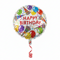 The CTI 9" Airfill Only Foil Balloon features party horns and "Happy Birthday" text. Perfect for birthday décor; stick not included (sold separately). Colorful design adds festive flair.