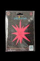 A packaged 22" Airfill Only Neon Red Deco Starburst balloon by Decochamp, featuring 15 points and the Decochamp logo on a black patterned package with QR code instructions—ideal as a starburst balloon accent.