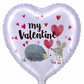 9″ Airfill Only (Sticks Sold Separately) Critter My Valentine foil balloon featuring a hedgehog and a mouse holding a heart balloon, with the text My Valentine and small heart accents.