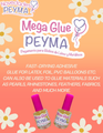 Two bottles of Mega Shine Glue 15ml by Novedades Peyma on a pink floral background, with text highlighting its fast-drying formula as a reliable adhesive for balloons, pearls, rhinestones, feathers, fabrics, and more—perfect for all your balloon decoration needs.