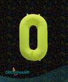 A 34″ Deco Number 0 Neon Yellow Balloon from Decochamp is prominently displayed at the center of a dark background filled with vibrant, colorful geometric doodles. This eye-catching large number balloon is perfect for birthday party decorations, and the Decochamp logo appears in the lower left corner.