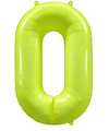 A 34″ Deco Number 0 Neon Yellow Balloon by Decochamp, featuring a shiny bright neon yellow-green foil finish, perfect as a birthday decoration and isolated on a white background.