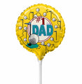 Round yellow 4″ Airfill Only (Sticks Sold Separately) #1 Dad Golf Balloon featuring golf-themed illustrations and the text #1 DAD, attached to a white plastic stick.